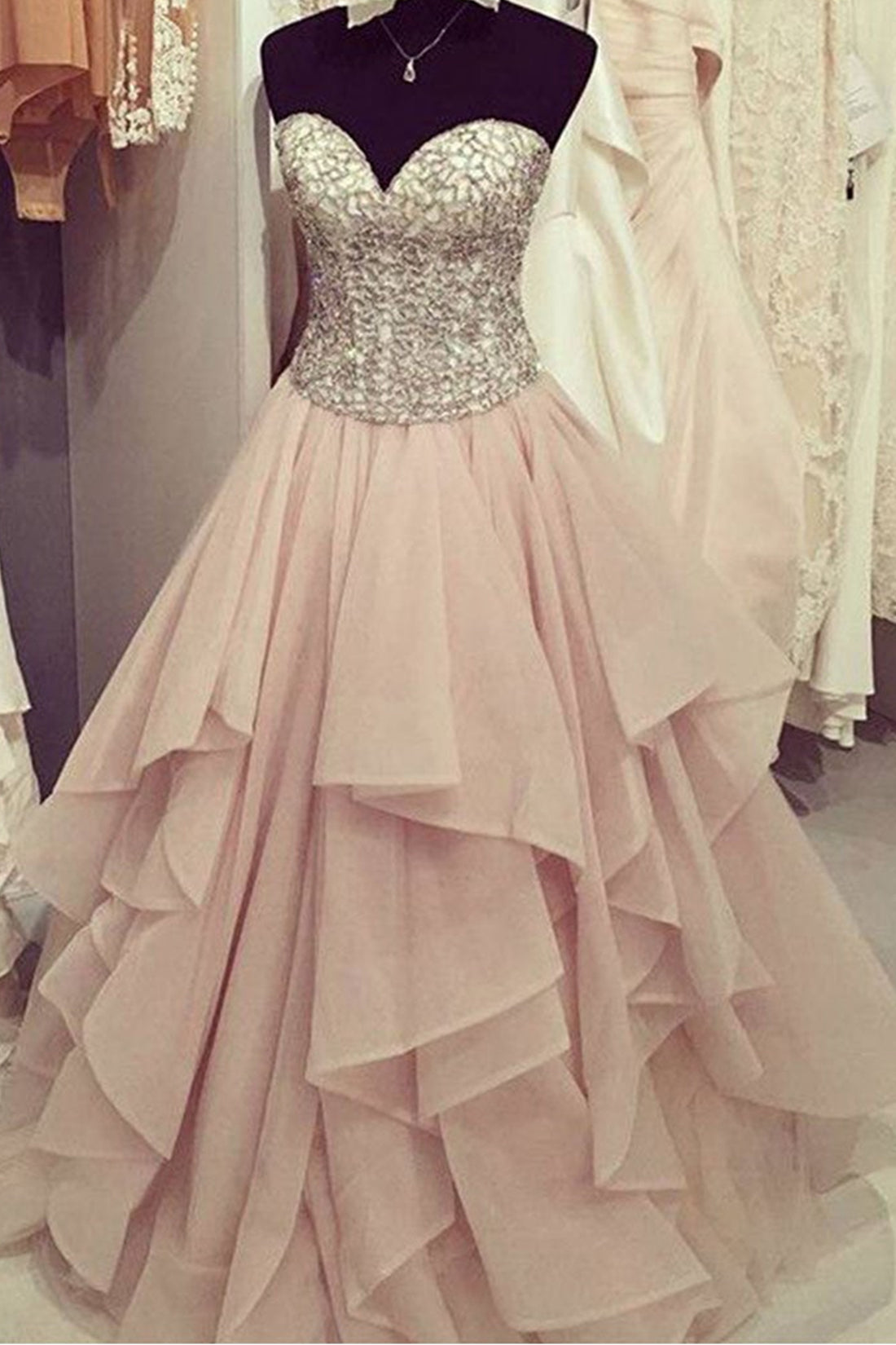 Gorgeous Sweetheart Neck Beaded Pink Tulle Long Prom Dresses, Strapless Pink Formal Evening Dresses, Beaded Pink Ball Gown