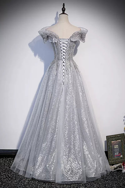 Gray Lace Shiny Off the Shoulder Beaded Long Prom Dresses, Beaded Gray Formal Graduation Evening Dresses WT1217
