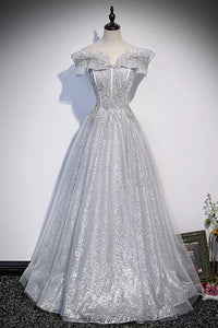 Gray Lace Shiny Off the Shoulder Beaded Long Prom Dresses, Beaded Gray Formal Graduation Evening Dresses WT1217