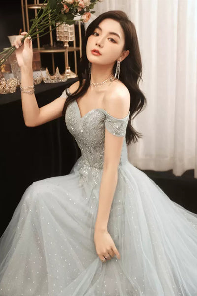 Gray Off the Shoulder Lace Long Prom Dresses, Gray Lace Formal Dresses, Grey Evening Dresses WT1229