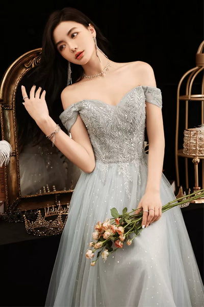 Gray Off the Shoulder Lace Long Prom Dresses, Gray Lace Formal Dresses, Grey Evening Dresses WT1229