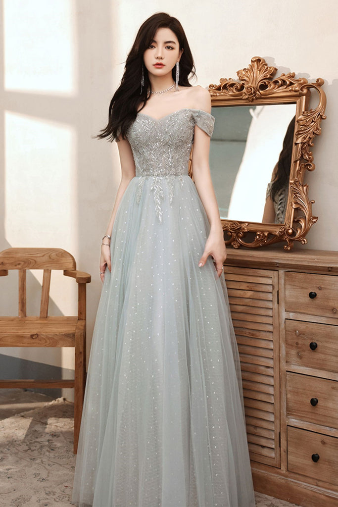Gray Off the Shoulder Lace Long Prom Dresses, Gray Lace Formal Dresses
