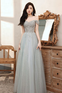 Gray Off the Shoulder Lace Long Prom Dresses, Gray Lace Formal Dresses, Grey Evening Dresses WT1229