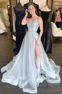 Gray Sequins Tulle Long Prom Dresses with High Slit, Gray Tulle Formal Evening Dresses with Beadings Top