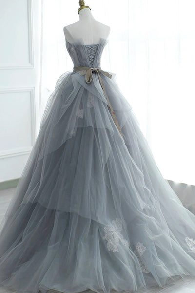 Gray Tulle A Line Strapless Lace Long Prom Dresses, Long Gray Formal Graduation Evening Dresses WT1157
