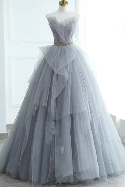 Gray Tulle A Line Strapless Lace Long Prom Dresses, Long Gray Formal Graduation Evening Dresses WT1157