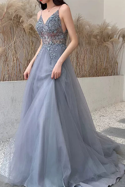 Gray Tulle A Line V Neck Beaded Long Prom Dresses, Grey Formal Graduation Evening Dresses with Beadings WT1018