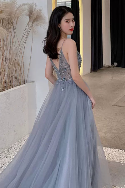 Gray Tulle A Line V Neck Beaded Long Prom Dresses, Grey Formal Graduation Evening Dresses with Beadings WT1018