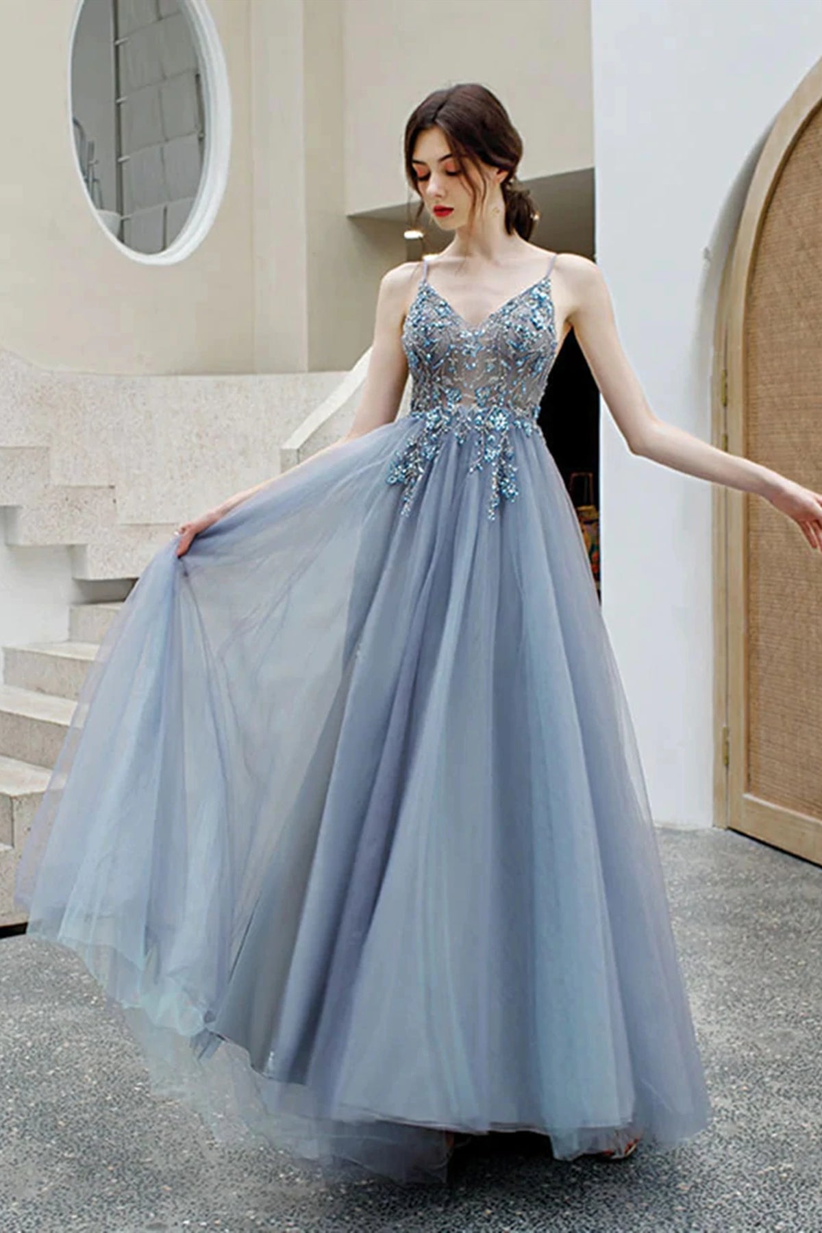 Gray Tulle Long Prom Dresses V Neck Open Back Beaded Grey Formal Eveni – Lwt Dress