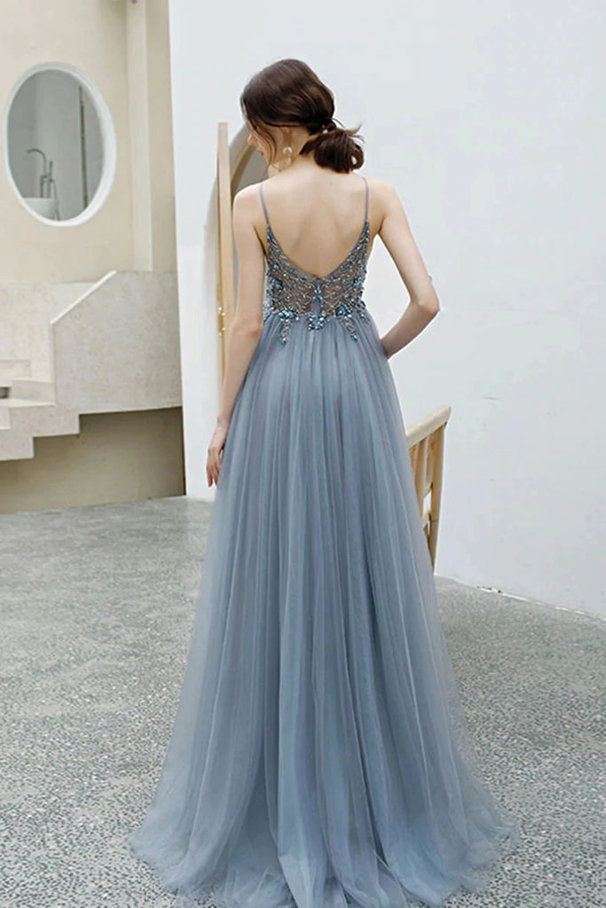Gray Tulle Long Prom Dresses V Neck Open Back Beaded Grey Formal Eveni Lwt Dress Gray Tulle Long Prom Dresses V Neck Open Back Beaded Grey Formal Eveni Lwt Dress