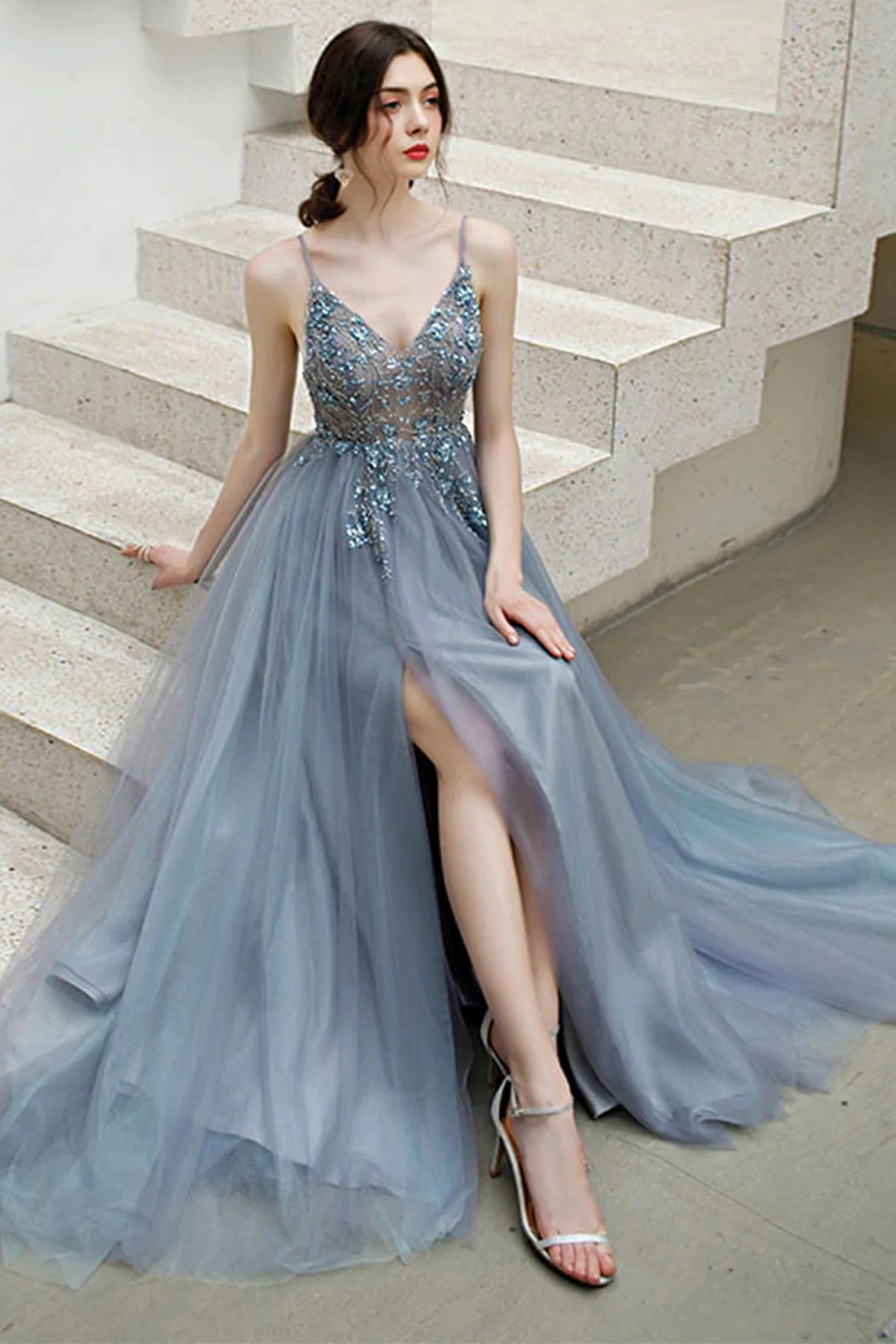 Gray Tulle Long Prom Dresses V Neck Open Back Beaded Grey Formal Eveni Lwt Dress Gray Tulle Long Prom Dresses V Neck Open Back Beaded Grey Formal Eveni Lwt Dress