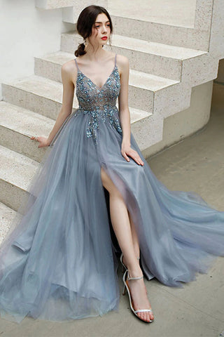 Gray Tulle Long Prom Dresses V Neck Open Back Beaded Grey Formal Evening Dresses with High Slit