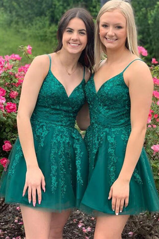 Green Lace A Line V Neck Short Prom Dresses, Short Green Lace Homecoming Dresses, Green Formal Evening Dresses WT1073