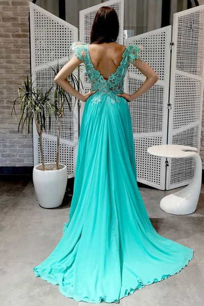 Green Lace Round Neck Open Back Long Prom Dresses with High Slit, Green Lace Formal Graduation Evening Dresses