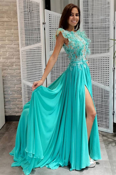 Green Lace Round Neck Open Back Long Prom Dresses with High Slit, Green Lace Formal Graduation Evening Dresses