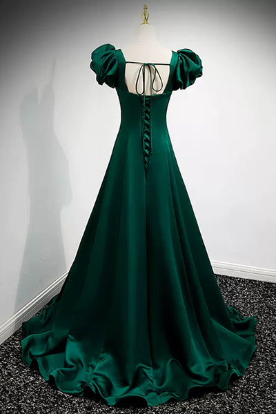 Green Satin Cap Sleeves Long Prom Dresses, Long Green Formal Graduation Evening Dresses WT1218