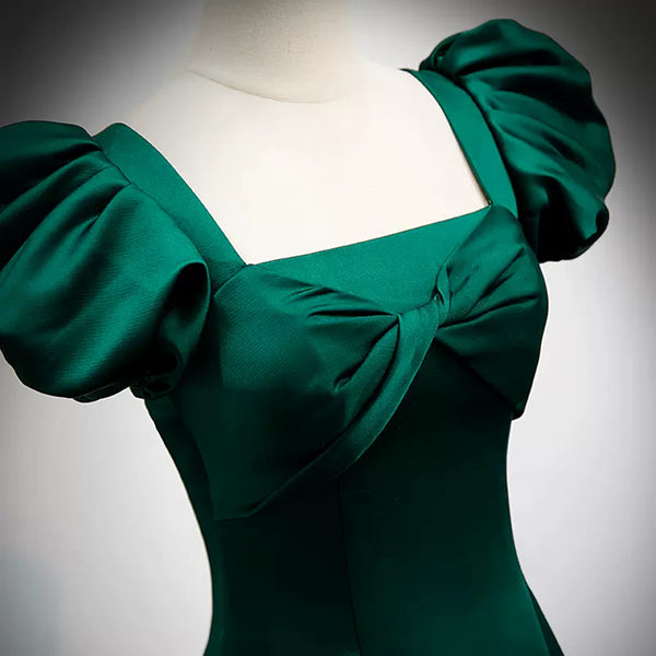 Green Satin Cap Sleeves Long Prom Dresses, Long Green Formal Graduation Evening Dresses WT1218