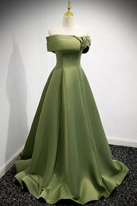 Green Satin Off the Shoulder Long Prom Dresses, Long Green Formal Dresses, Green Evening Dresses WT1221