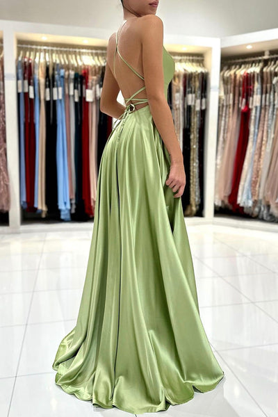 Green Satin Simple A Line Backless Long Prom Dresses with Leg Slit, Backless Green Formal Graduation Evening Dresses WT1106