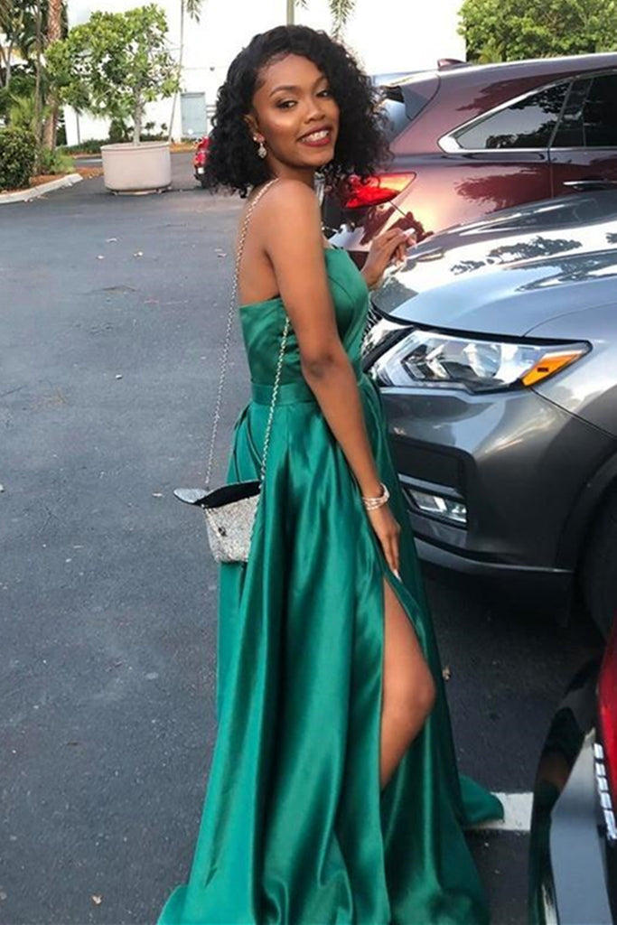 Green Satin Strapless Long Prom Dresses with High Slit, Green Formal G Lwt Dress Green Satin Strapless Long Prom Dresses with High Slit, Green Formal G Lwt Dress