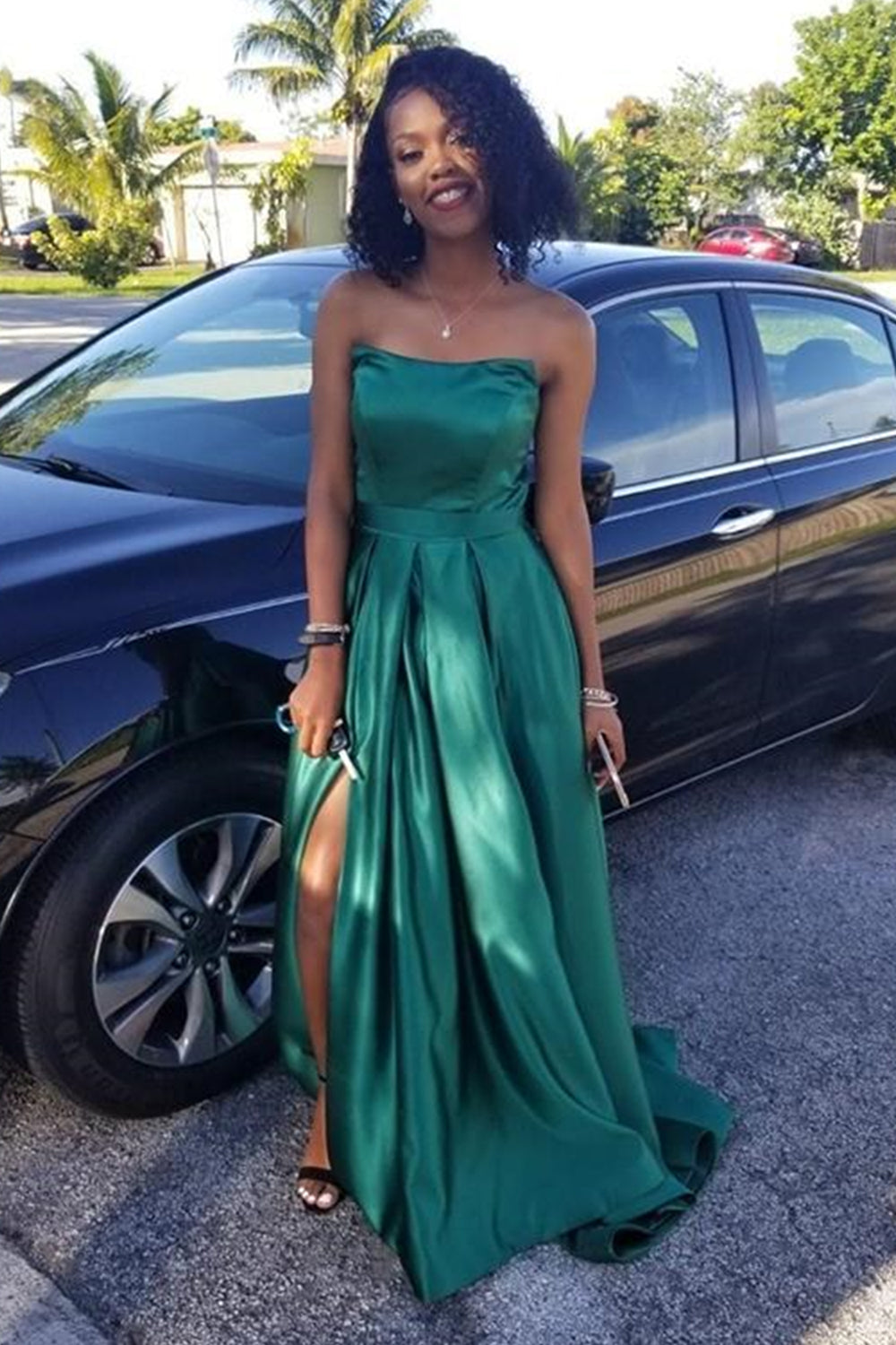 Green Satin Strapless Long Prom Dresses with High Slit, Green Formal G Lwt Dress Green Satin Strapless Long Prom Dresses with High Slit, Green Formal G Lwt Dress