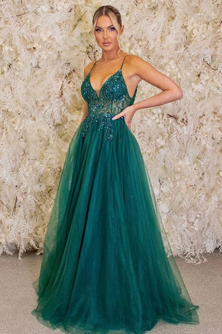 Green Tulle A Line V Neck Beaded Long Prom Dresses, V Neck Beaded Green Formal Graduation Evening Dresses WT1113