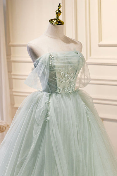 Green Tulle Elegant A Line Beaded Long Prom Dresses, Long Green Formal Evening Dresses WT1160