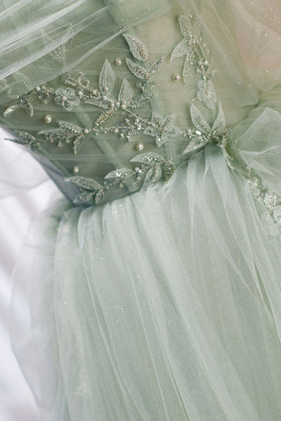 Green Tulle Elegant A Line Beaded Long Prom Dresses, Long Green Formal Evening Dresses WT1160