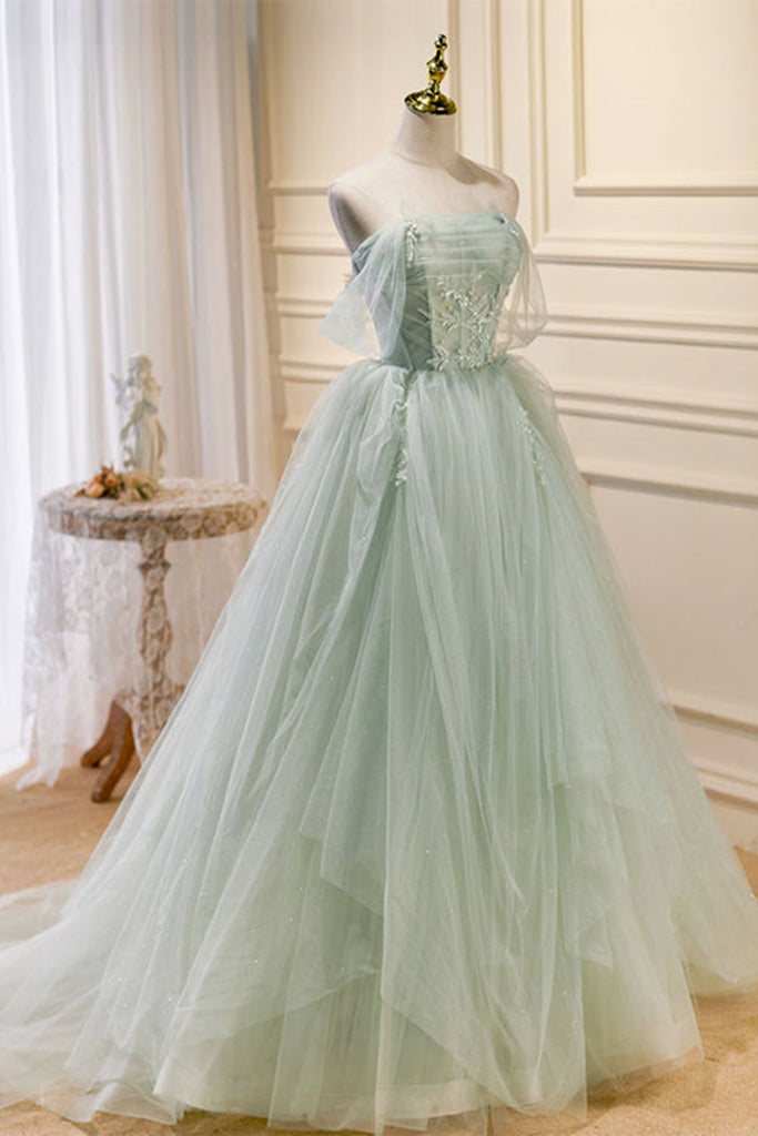 Green Tulle Elegant A Line Beaded Long Prom Dresses, Long Green Formal Lwt Dress Green Tulle Elegant A Line Beaded Long Prom Dresses, Long Green Formal Lwt Dress