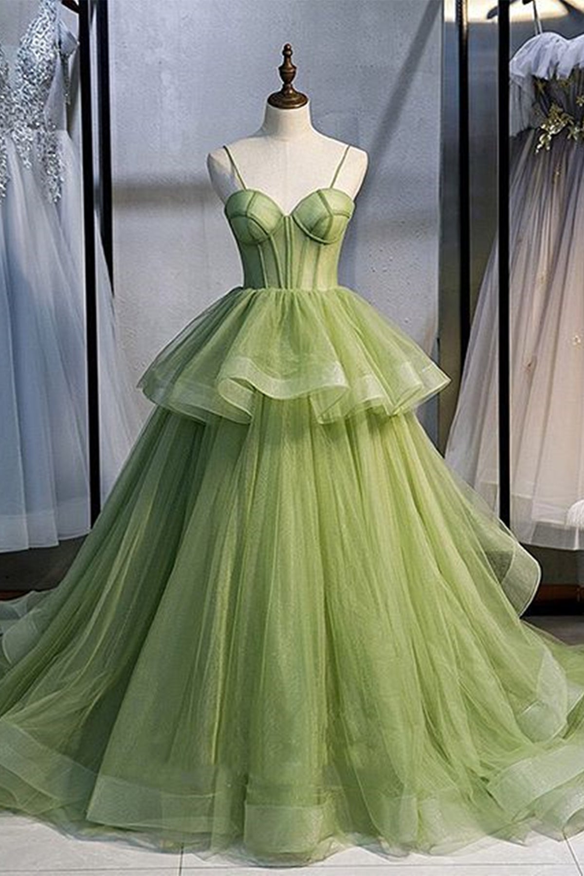 Green Tulle Layered Long Prom Dresses, Green Tulle Formal Evening Dres Lwt Dress Green Tulle Layered Long Prom Dresses, Green Tulle Formal Evening Dres Lwt Dress