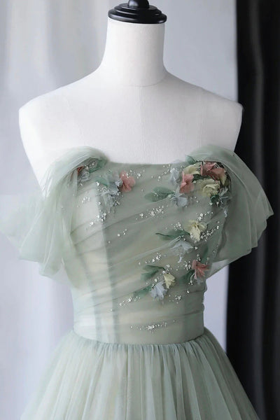 Green Tulle Off Shoulder Floral Long Prom Dresses, Long Green Formal Evening Dresses with Flowers WT1178