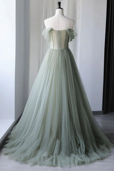 Green Tulle Off Shoulder Floral Long Prom Dresses, Long Green Formal Evening Dresses with Flowers WT1178
