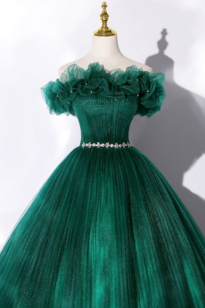 Green Tulle Off Shoulder Long Prom Dresses with Belt, Green Formal Eve Lwt Dress Green Tulle Off Shoulder Long Prom Dresses with Belt, Green Formal Eve Lwt Dress