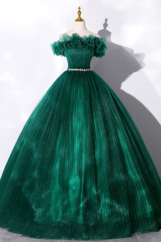 Green Tulle Off Shoulder Long Prom Dresses with Belt, Green Formal Evening Dresses, Ball Gown WT1166