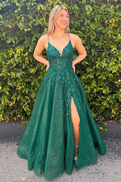 Green Tulle Shiny A Line Backless Lace Long Prom Dresses with High Slit, Green Lace Formal Graduation Evening Dresses WT1161