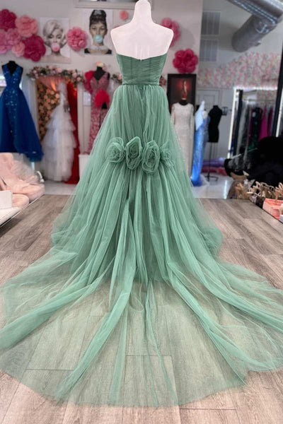 Green Tulle Strapless Floral Long Prom Dresses, Strapless Green Formal Dresses, Green Tulle Evening Dresses WT1148