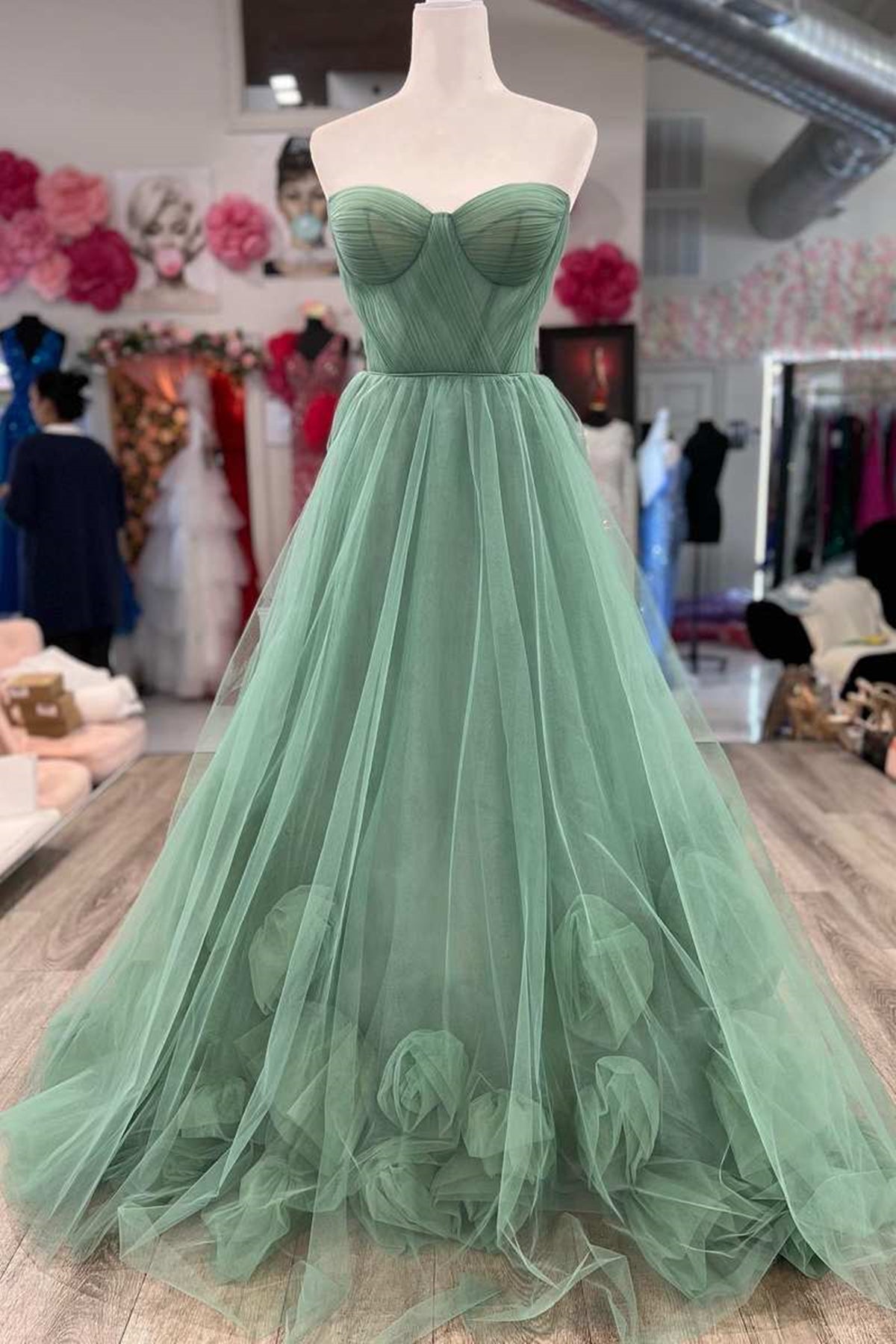 Green Tulle Strapless Floral Long Prom Dresses, Strapless Green Formal Dresses, Green Tulle Evening Dresses WT1148