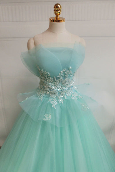 Green Tulle Strapless Lace Long Prom Dresses, Green Tulle Formal Evening Dresses, Ball Gown WT1174