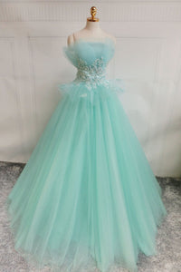 Green Tulle Strapless Lace Long Prom Dresses, Green Tulle Formal Evening Dresses, Ball Gown WT1174