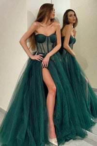 Green Tulle Strapless Long Prom Dresses with High Slit, Long Green Formal Graduation Evening Dresses WT1123