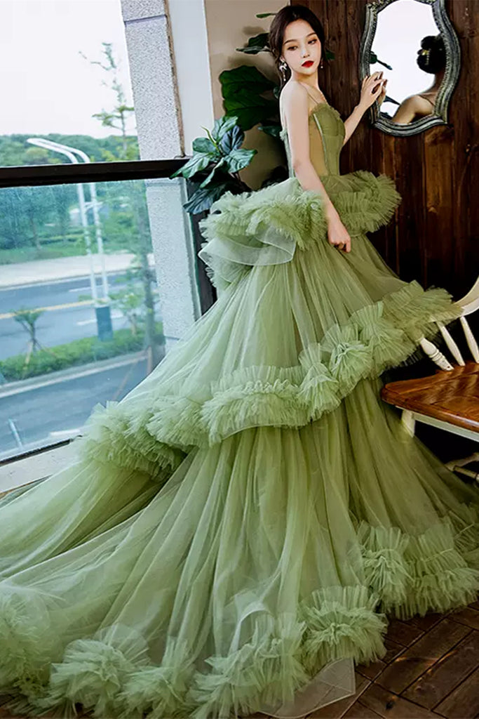 Green Tulle Sweetheart Neck Layered Long Prom Dresses, Long Green Form Lwt Dress Green Tulle Sweetheart Neck Layered Long Prom Dresses, Long Green Form Lwt Dress