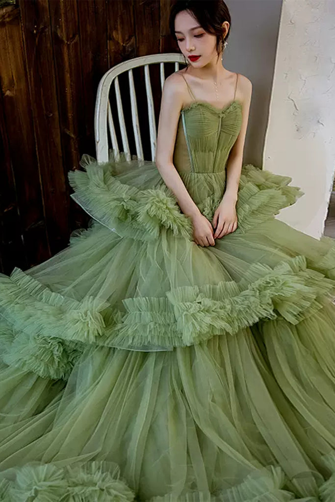Green Tulle Sweetheart Neck Layered Long Prom Dresses, Long Green Form Lwt Dress Green Tulle Sweetheart Neck Layered Long Prom Dresses, Long Green Form Lwt Dress