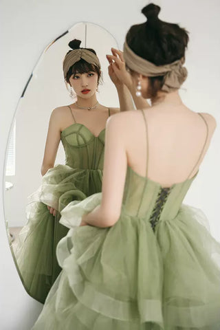 Green Tulle Sweetheart Neck Open Back Long Prom Dresses, Long Green Formal Evening Dresses, Ball Gown WT1083