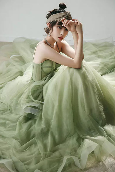Green Tulle Sweetheart Neck Open Back Long Prom Dresses, Long Green Formal Evening Dresses, Ball Gown WT1083