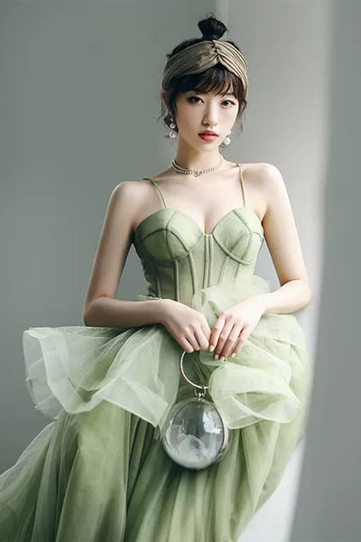 Green Tulle Sweetheart Neck Open Back Long Prom Dresses, Long Green Formal Evening Dresses, Ball Gown WT1083