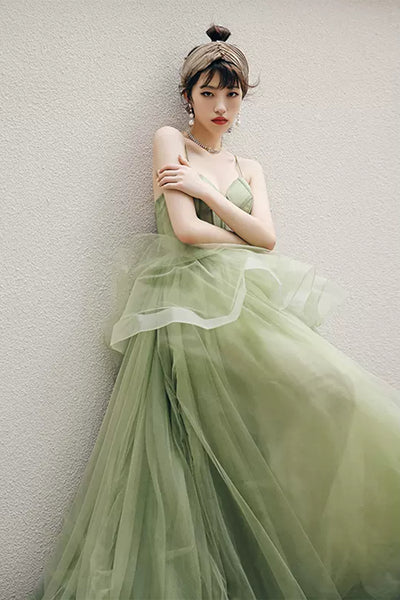 Green Tulle Sweetheart Neck Open Back Long Prom Dresses, Long Green Formal Evening Dresses, Ball Gown WT1083