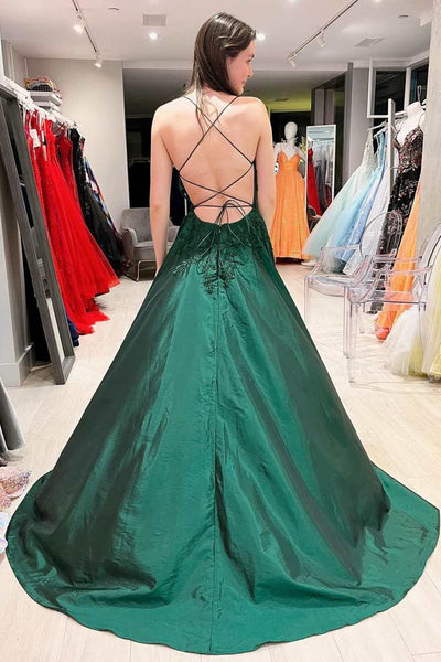 Green V Neck Backless Lace Long Prom Dresses, Green Lace Formal Dresses, Long Green Evening Dresses WT1154