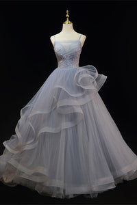 Grey Tulle Thin Straps Layered Beaded Long Prom Dresses, Gray Tulle Formal Evening Dresses, Grey Evening Dresses WT1135