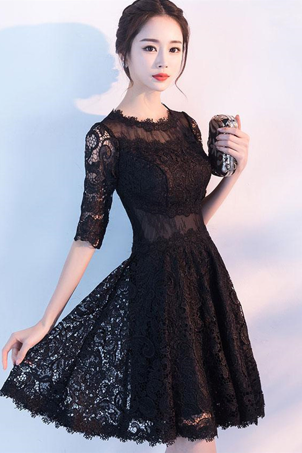 Half Sleeves Black Lace Short Prom Dresses, Black Lace Homecoming Dres Lwt Dress Half Sleeves Black Lace Short Prom Dresses, Black Lace Homecoming Dres Lwt Dress