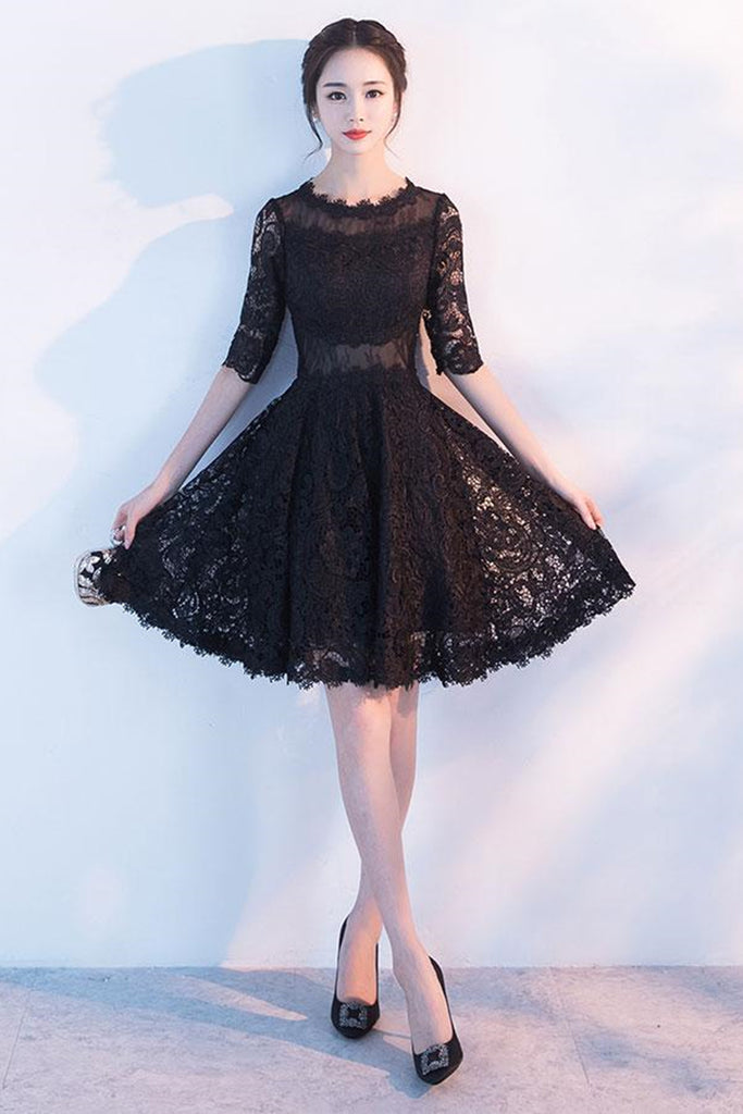 Half Sleeves Black Lace Short Prom Dresses, Black Lace Homecoming Dres Lwt Dress Half Sleeves Black Lace Short Prom Dresses, Black Lace Homecoming Dres Lwt Dress